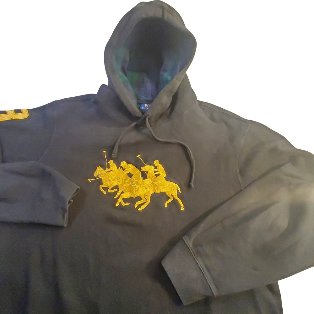 Polo Ralph Lauren Black Cotton Hoodie Gold Embroidered Triple Pony Pullover XXL